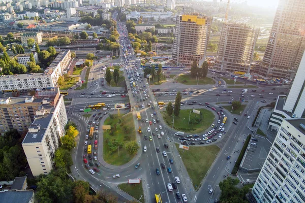 Aerial Drone View Two Level Road Junction Rush Hour Traffic — Stock Photo, Image