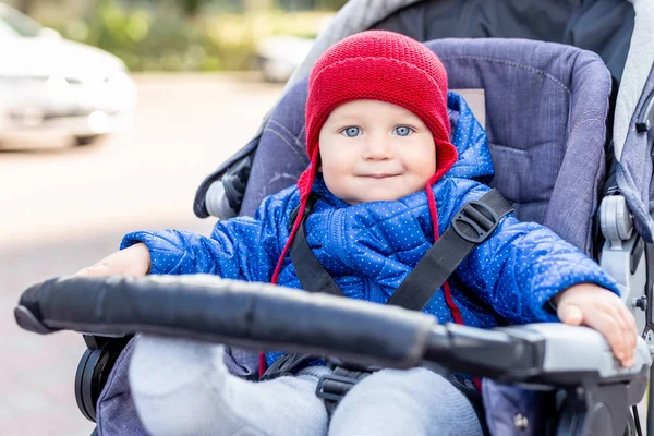 Cute Little Baby Boy Sitting Stroller Smiling Walk Cold Autumn — стоковое фото