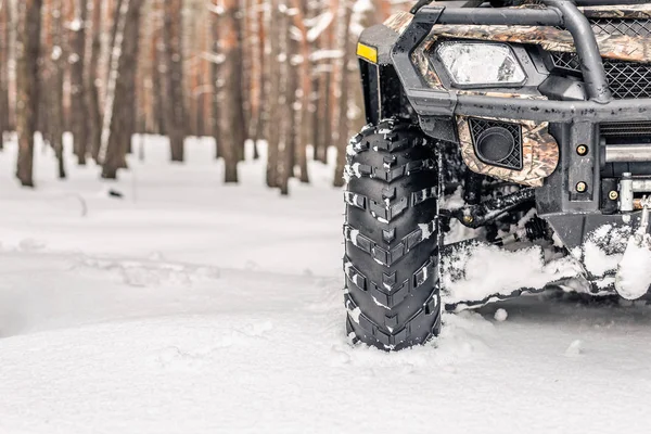 Detail Atv 4Wd Čtyřkolku Lese Zimě All Terreain 4Wd Vozidla — Stock fotografie