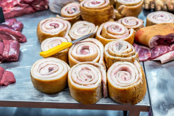 Raw Pork Fat Rolls Market Counter Fresh Lard Local Farmer — Stock Photo, Image