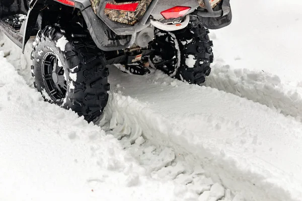 Detail Atv 4Wd Čtyřkolku Lese Zimě All Terreain 4Wd Vozidla — Stock fotografie