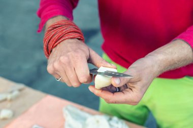 Çiftlik Gıda Fuarı, lezzetli yaşlı ev yapımı peynir kesme dilim yakın çekim çiftçiler el