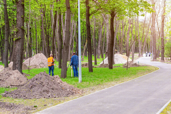 Workers and engineer measuring distance with special gauge tool. Municipal park renewal and landscape gardening. City recreation area construction