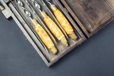 Yakın çekim kolları ızgara ve barbekü için ahşap kutuda yer alan büyük lüks paslanmaz çelik şiş. İnsan avcısı için pahalı yüksek kaliteli özel hediye. Erkek mevcut arka plan