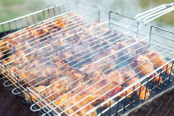 Close-up chicken wings cooking in metal barbecue grid on grill brazier. Outdoors weekend party on backyard. Tasty golden brown delicious bbq meal — Stock Photo, Image