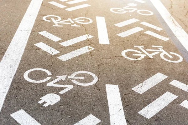Δρόμος ασφάλτου με ποδήλατο και ηλεκτροκίνηση. Κύκλος και μηδενικές εκπομπές οχημάτων λευκό σημάδι στο πάτωμα. Χώρος αναψυχής για τις μεταφορές πράσινης ενέργειας στο πάρκο της πόλης — Φωτογραφία Αρχείου