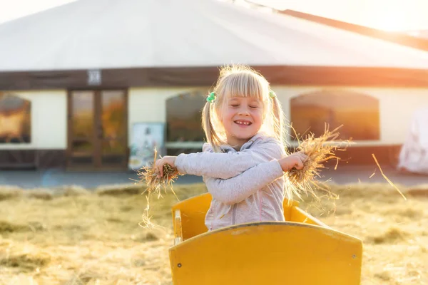 Urocza cute kaukaski blond dziewczyna dziecko siedzi w drewnianym wózku zabawy rzucanie słomy lub siana w gospodarstwie lub parku podczas ciepłej jesieni wieczorem. Szczęśliwa koncepcja dzieciństwa — Zdjęcie stockowe