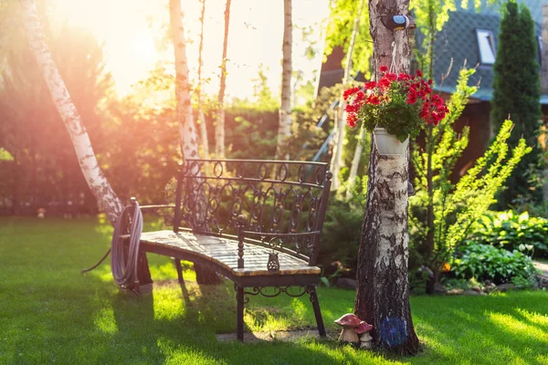 Dom ogród podwórku z ławką, wiszące kwitnących kwiatów — Zdjęcie stockowe