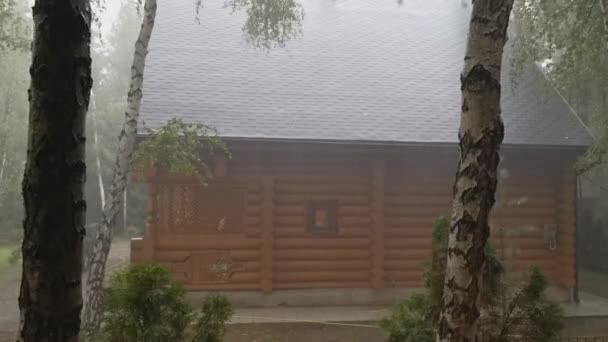 Wooden log country cottage house at heavy rainstorm wtih wind, thunder and lightning. Autumn weather forecast. Fall mood dramatic scene — Stock Video