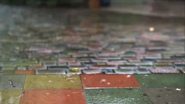 Person Die Bei Starkem Herbstregen Dunkelblauen Regenstiefeln Auf Gepflasterter Straße — Stockvideo