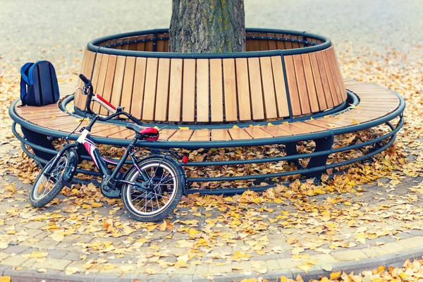 Kinderrucksack und Fahrradständer stehen an modernen hölzernen, kreisförmigen Bänken, die im Herbst um Bäume im Stadtpark oder auf Straßen mit leuchtend goldenem Laub aufgestellt werden. Zurück zur Schule — Stockfoto