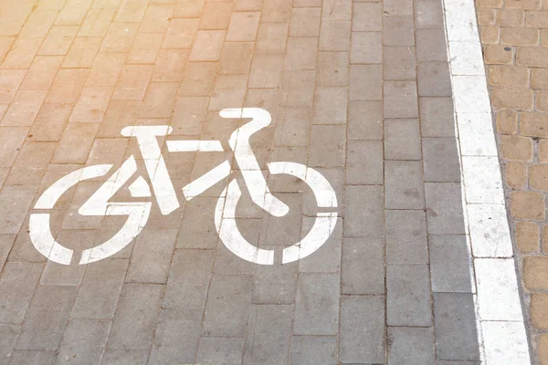 Πίστα ποδηλάτου πλακόστρωτη λωρίδα σε περιοχή πεζοπορίας. Σύμβολο ποδηλάτου ζωγραφισμένο με λευκή μπογιά σε γκρίζο πλακόστρωτο δρόμο. Φιλική προς το ποδήλατο υποδομή στο πάρκο της πόλης — Φωτογραφία Αρχείου