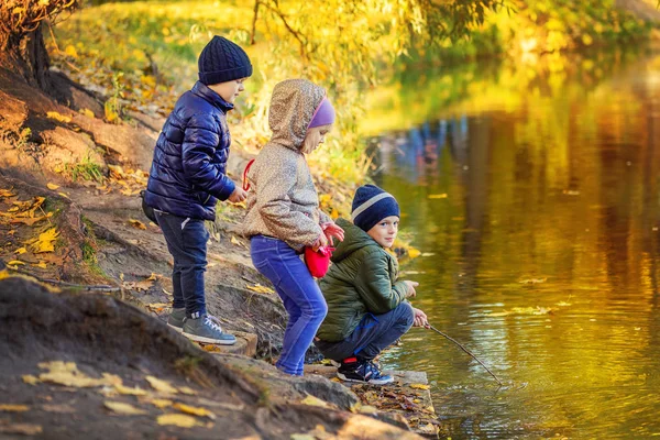 Tres niños amigos jugando a la pesca con palos cerca del estanque en el hermoso parque de otoño de oro. Hermanitos divirtiéndose cerca del lago o el río en otoño. Feliz infancia y niño concepto de recreación al aire libre — Foto de Stock