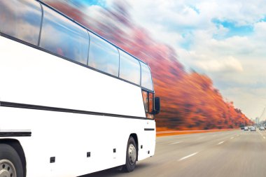Parlak güneşli bir günde altın sonbahar ağacı karayolu ile sürüş büyük lüks rahat turist otobüsü. Bulanık hareket. Seyahat ve otobüs turizmkonsepti. araçla yolculuk ve yolculuk. Mevsimlik tatil
