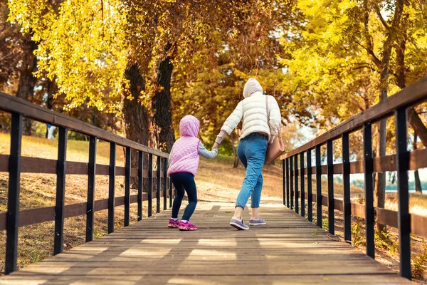 Madre y pequeña hija preescolar divirtiéndose y tonteando en el parque de la ciudad de otoño. Mamá y el niño caminando y saltando sobre un puente de madera rústico en el bosque caen follaje de color dorado. Vista trasera — Foto de Stock