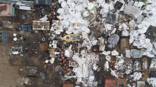 Scrap Metal Junk Recyclying Yard Area Aerial View Reception Sorting — Stock Video