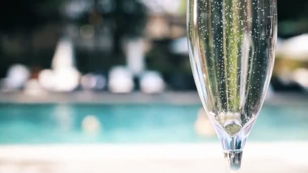 Primer plano champán blanco o copa de prosecco contra la piscina en el hotel de lujo del complejo durante las vacaciones. Vino espumoso con burbujas ascendentes con fondo de piscina azul al aire libre. Bebida alcohólica refrescante — Vídeos de Stock