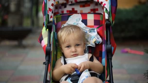 Portret uroczych chłopiec blond Toddler siedząc jasnym wielobarwny wózek i jest wstrząśnięty przez matkę podczas spaceru na podwórku na zewnątrz — Wideo stockowe