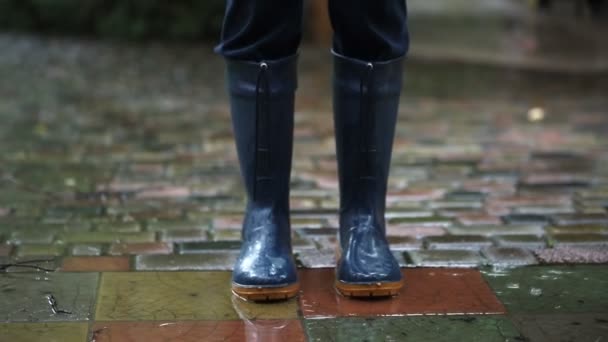 Persona de pie con botas de lluvia azul oscuro y marchando en el lugar en la carretera pavimentada en el patio trasero, la calle de la ciudad o el parque durante la fuerte lluvia de otoño. Pronóstico del tiempo lluvioso otoño pintoresco — Vídeos de Stock