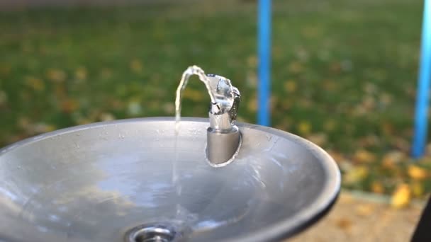 Metallblandare med dricksvattenfontän i stadsparken nära lekplatsen på hösten utomhus. Drickbar vattenledningssprinkler för att förhindra uttorkning under värme — Stockvideo