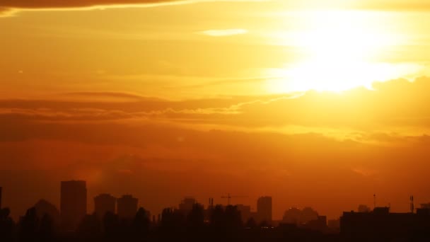 Drámai színes tüzes naplemente égbolt táj vonal sor városi épületek sziluettek. Természetes gyönyörű városkép hajnalban háttér timelapse. Metropolis város szürkület ideje — Stock videók