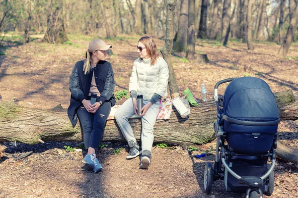 Två kvinnor flickvänner sitter på trä logg på skogen glade medan promenader med barnvagn. Unga mödrar vänner talar, kommunikation, skvaller och stöd — Stockfoto