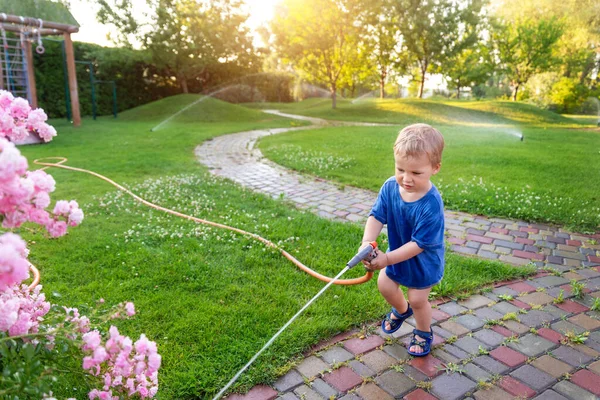 Cute adorable biały blond maluch chłopiec cieszyć się zabawy podlewania kwiat ogrodowy i trawnik z węża zraszacz w domu podwórku w słoneczny dzień. Dziecko mały pomocnik uczyć się ogrodnictwa w lecie na świeżym powietrzu — Zdjęcie stockowe