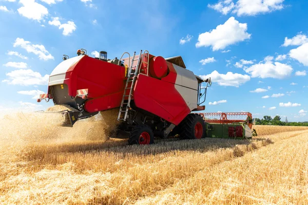 Große leistungsstarke industrielle Mähdrescher ernten an strahlenden Sommer- oder Herbsttagen goldene reife Getreidefelder. Landwirtschaftliche gelbe Feldmaschinen Landschaft Hintergrund — Stockfoto