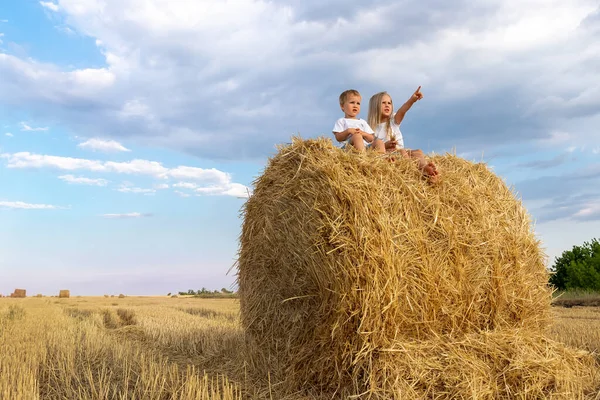 İki sevimli beyaz kardeş çiftliğin yakınındaki buğday tarlasında altın saman balyasının üstünde oturarak eğleniyor. Mutlu çocukluk ve özgürlük kavramı. Kırsal alan manzarası