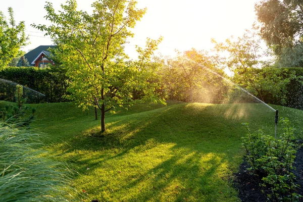 Sistema de riego automático del jardín del paisaje con diferentes aspersores instalados debajo del césped. Diseño de paisaje con colinas de césped y jardín frutal regado con pulverizadores autónomos inteligentes al atardecer — Foto de Stock