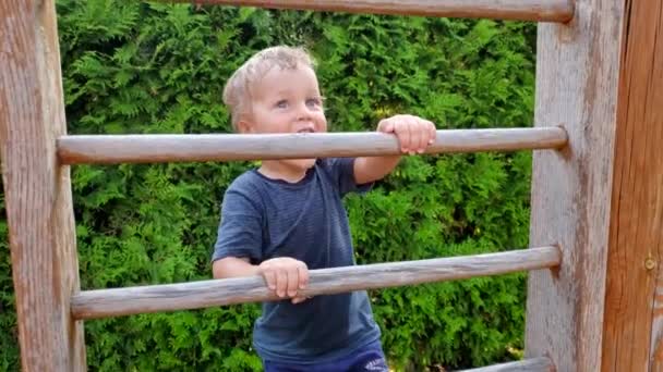 可爱可爱的高加索小孩勇敢的小男孩喜欢在户外庭院操场上爬上木制楼梯。快乐而勇敢的孩子在外面的花园里玩着跑梯 — 图库视频影像