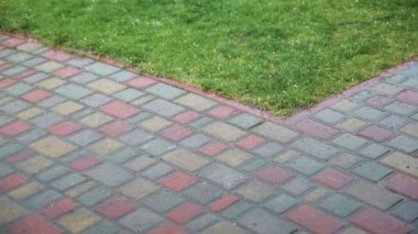 Büyük damlalar ve hial topları bahçedeki yeşil çimlere ve taş patikalara düşen yağmur ve dolu fırtınalarının yavaş çekimde başlaması. Kötü hava arka planı.