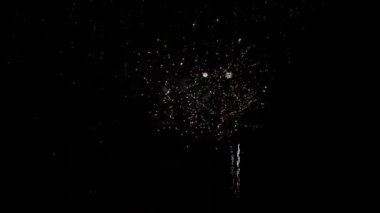 Gece ufkunun soyut arkaplanı, parlak çok renkli havai fişekler ve patlamalarla aydınlatılmış kara gökyüzü. Yeni Yıl 2021 ve Noel Kutlama Parti Şenliği.