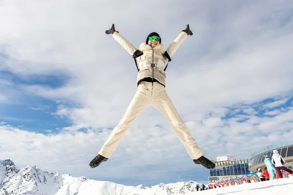 Young Adult Beautiful Happy Attractive Caucasian Smiling Hiker Woman Leaping — Stock Photo, Image