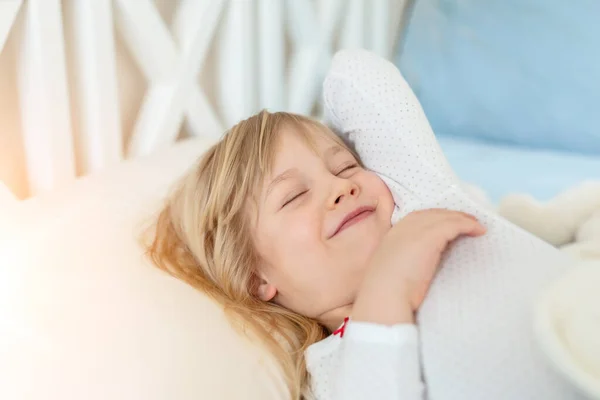 Cute Adorable Caucasian Blond Little Toddler Kid Girl Lying Bed — Stock Photo, Image