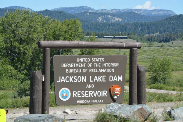 Jackson Lake Dam Reservoir Sign Grand Teton National Park Wyoming — Stock fotografie