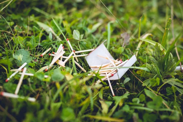 Zerstörte Streichholzschachtel auf dem grünen Rasen. — Stockfoto