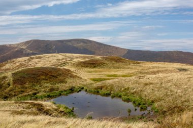 Bir dağ ortasında küçük bir göl. Yamaçları yaban mersini sararmış çalılar ile kaplıdır.