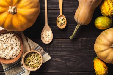 Kabaklar farklı boyutlarda bir ahşap zemin üzerine çerçeve. Bir tabak ve bir kase kabak çekirdeği bir mutfak havlu üzerinde duruyor. İki kaşık tohumları ile. Üstten görünüm. Kopya alanı.