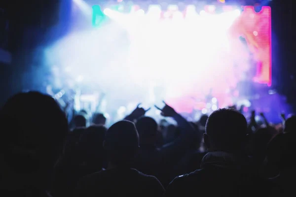 Silhouetten Eines Konzertpublikums Vor Einer Beleuchteten Bühne Einem Nachtclub Rauch — Stockfoto