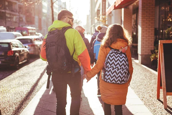 Group Young People Walk Streets Berlin Winter Some Couples Hold — Stock Photo, Image