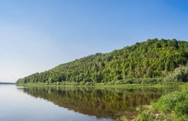 Yeşil engebeli kıyı rezervuar yaz, Rusya Federasyonu