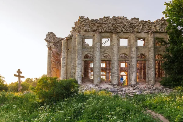 Beautiful ruins of a church in the village of Fifth Mountain in the Leningrad region at sunset