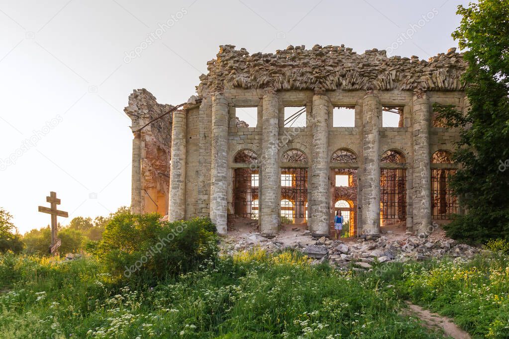 Beautiful ruins of a church in the village of Fifth Mountain in the Leningrad region at sunset