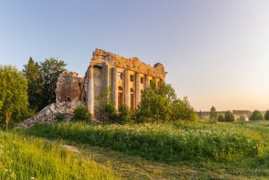 Yazın Leningrad Bölgesi 'ndeki Pyataya Gora köyünde sütunlu bir kilise.