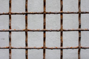 Metal kafesin arkasındaki beton duvar. Paslı metal ızgara.