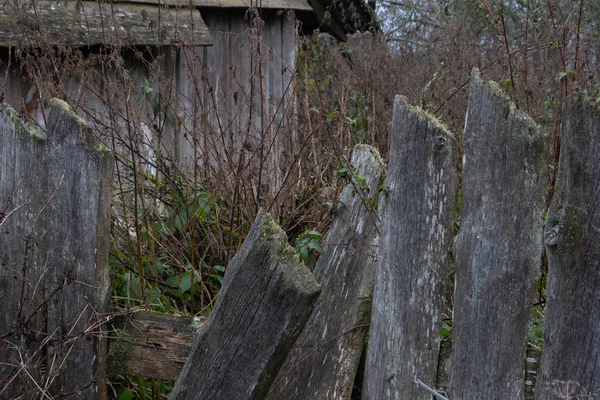 Uma velha cerca quebrada no pátio do outono. — Fotografia de Stock