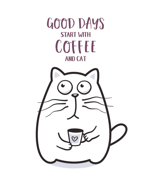 Забавный Жирный Кот Кофейной Кружкой Дизайна Поздравительных Открыток — стоковый вектор
