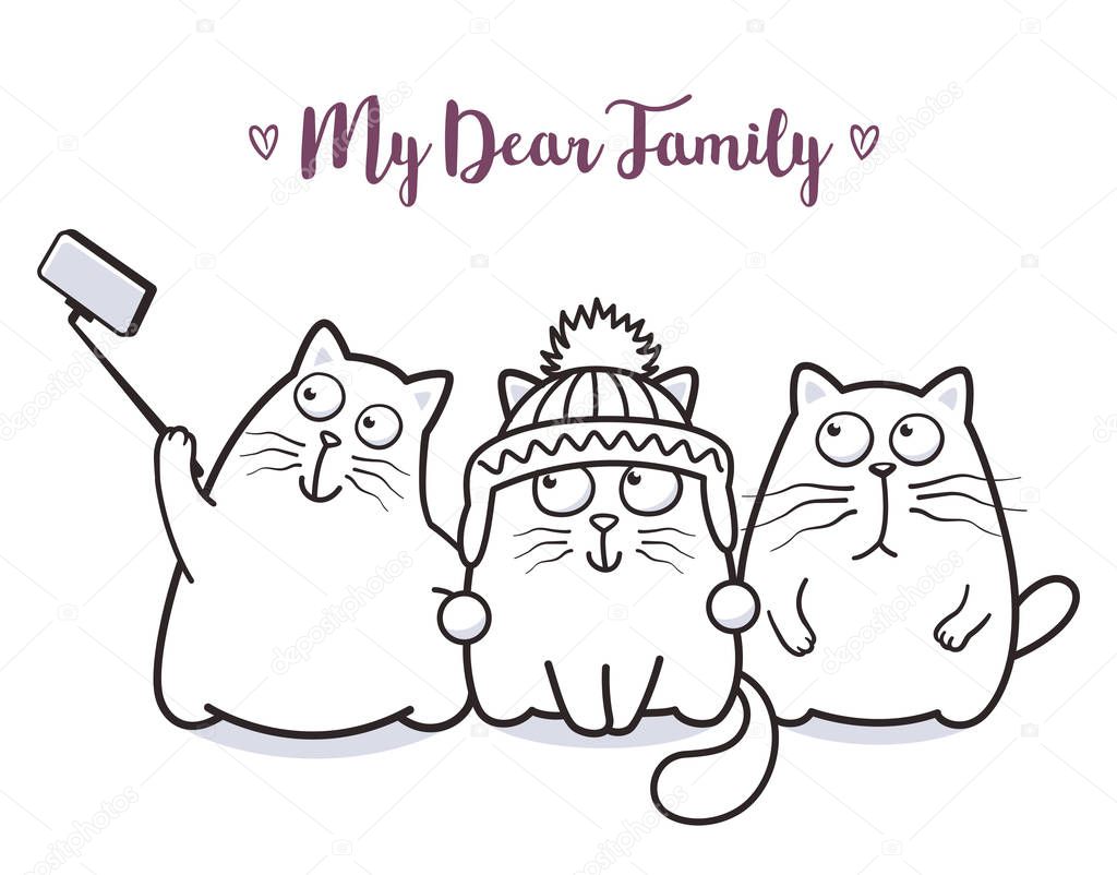 Funny cats family taking selfie for greeting card design t-shirt print or poster