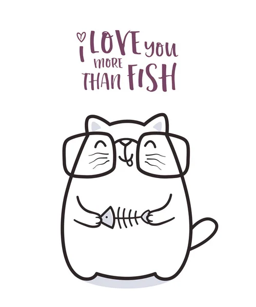 可爱的猫与鱼贺卡设计 T恤打印或海报 — 图库矢量图片